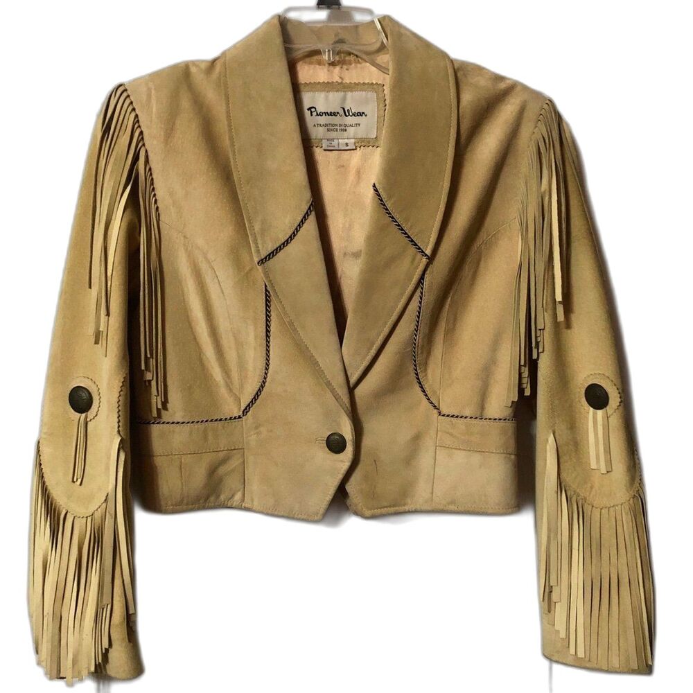 Pioneer Wear Western Genuine Leather Suede Fringe Jacket Size Small Tan